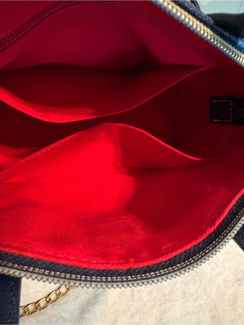Dooney & Bourke Blue Chevron Satchel with Gold Chain Strap